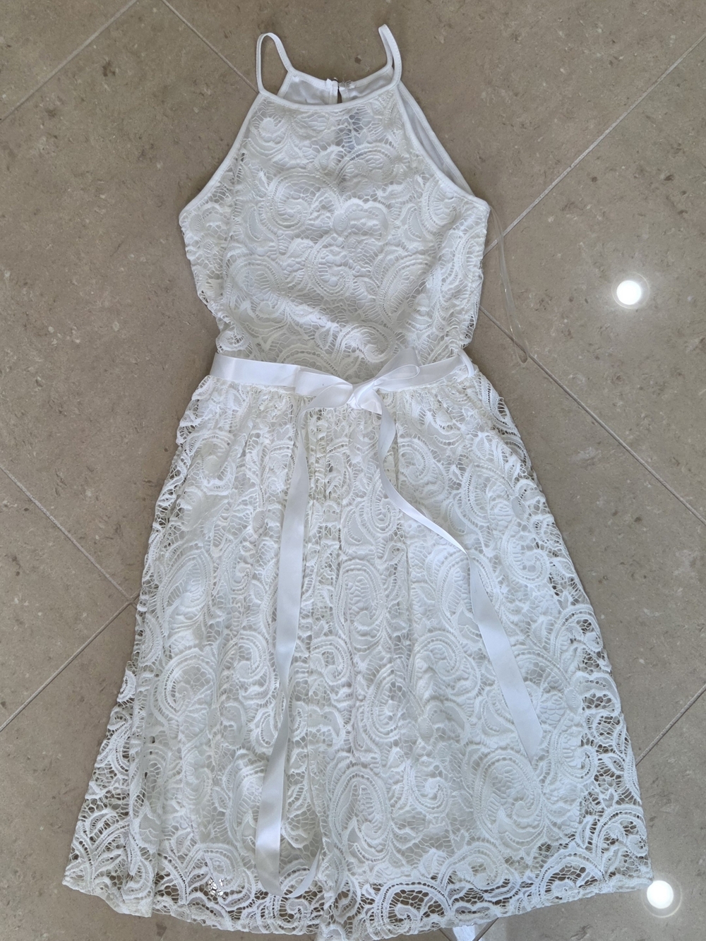 White Lace Halter Mini Dress with Satin Waist Tie